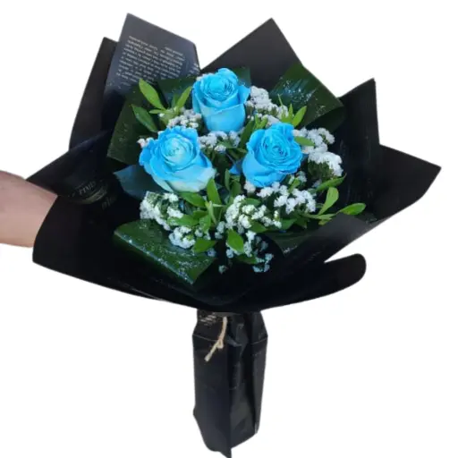 Ramo de 3 rosas azules con papel coreano y brillo